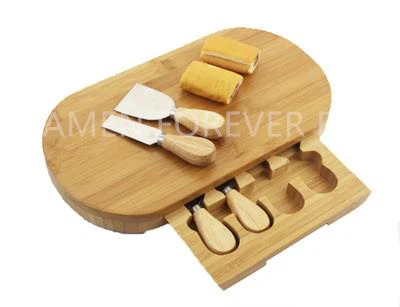 Oval Bamboo Cheese Chopping Board With 4 Piece Knife Hidden Drawer Set